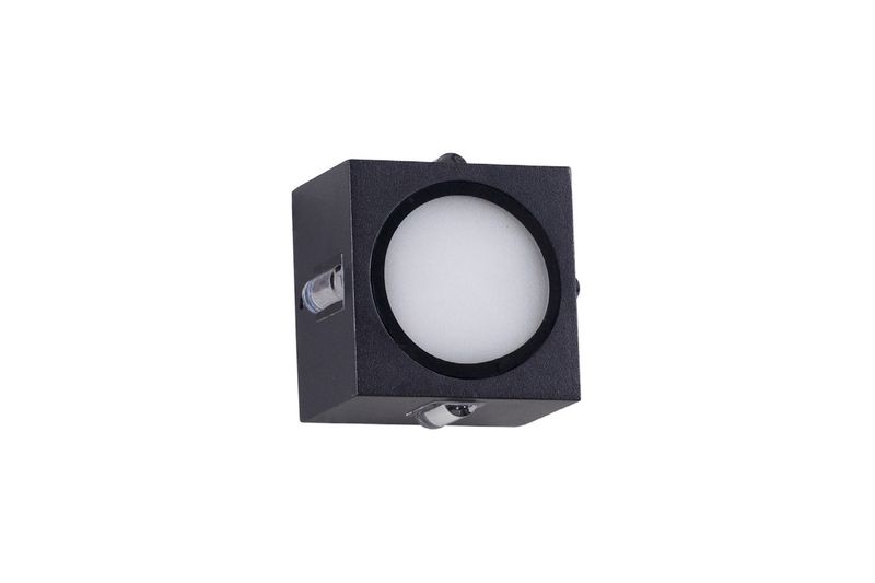 Luminaria de pared al exterior LED Torcular I 10 W 3000 K IP54 negro Tecnolite, vista frontal del cubo con difusor blanco