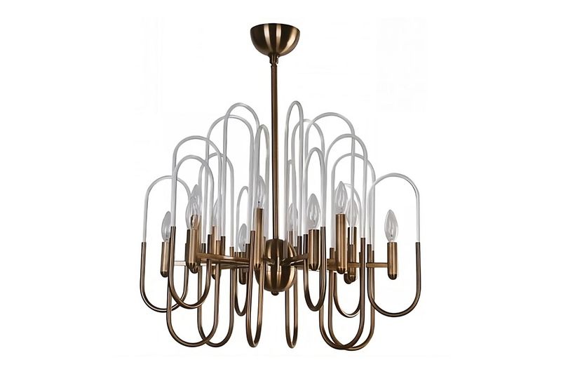 Lámpara colgante Asti dorado Arteluce de 12 luces E12 60W, vista frontal del diseño con brazos curvos y bombillas
