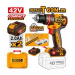 Taladro de impacto inalámbrico compacto 1/2 Brushless 42V 69Nm Ingco, equipo con dos baterías, cargador, brocas y maletín