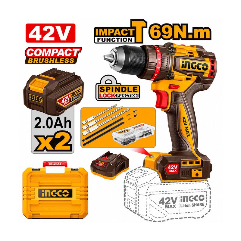 Taladro de impacto inalámbrico compacto 1/2 Brushless 42V 69Nm Ingco, equipo con dos baterías, cargador, brocas y maletín
