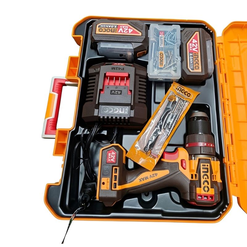 Taladro de impacto inalámbrico compacto 1/2 Brushless 42 V 69 Nm Ingco, kit completo en maletín con baterías y accesorios