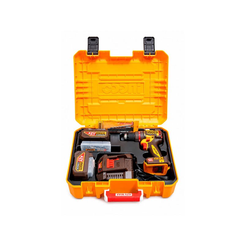 Taladro de impacto inalámbrico compacto 1/2 Brushless 42 V 69 Nm Ingco, kit completo dentro de su maletín rígido amarillo