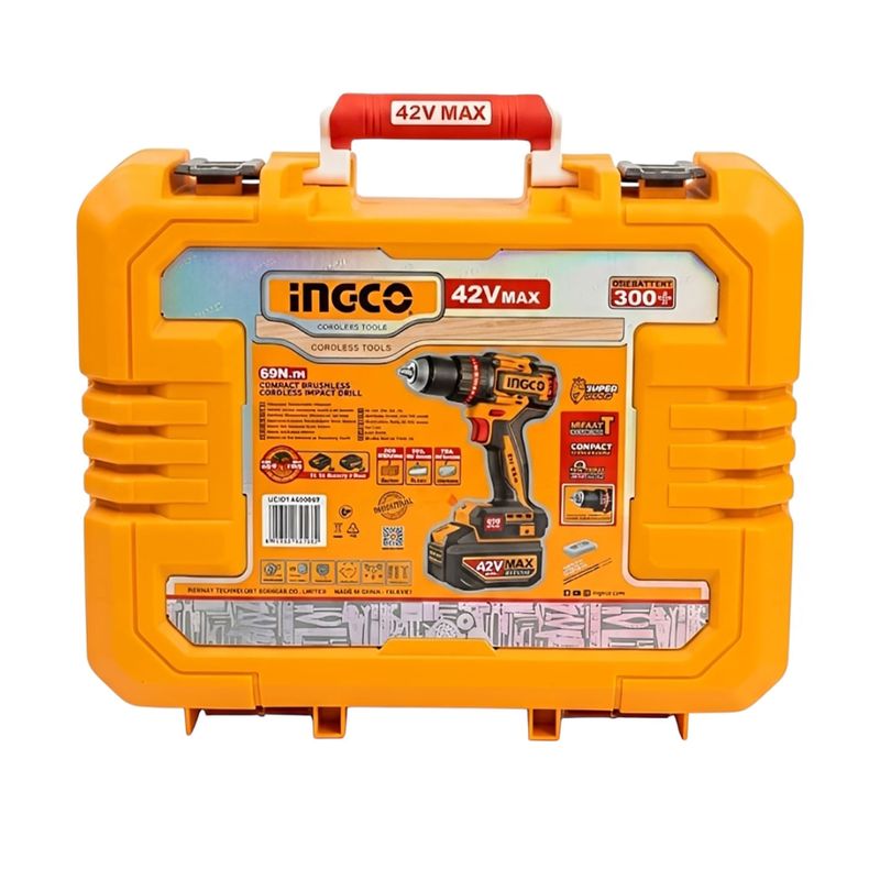 Taladro de impacto inalámbrico compacto 1/2 Brushless 42V 69Nm Ingco, en su maletín rígido naranja con ilustración frontal