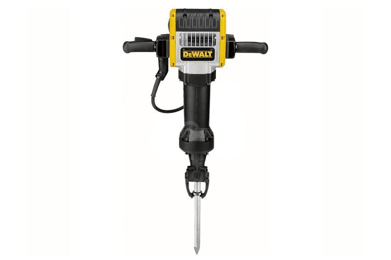 Rompepavimento hexagonal DeWALT de 1-1/8 pulgadas y 30 kg, vista frontal del equipo con mango lateral y cincel instalado