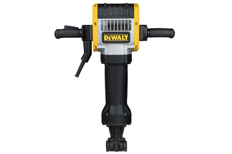 Rompepavimento hexagonal DeWALT de 1-1/8 pulgadas y 30 kg, vista frontal completa con mangos laterales y cuerpo amarillo