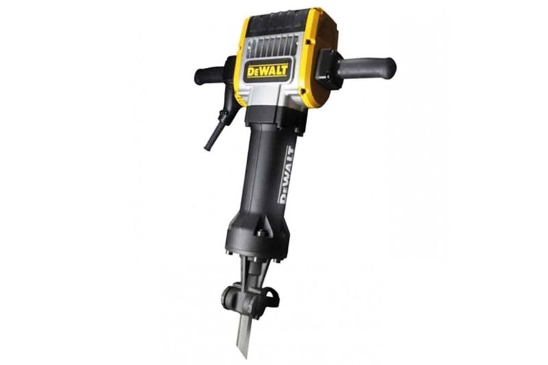 Rompepavimento hexagonal DeWalt de 1-1/8 pulgadas y 30 kg, vista frontal completa con mango lateral y cincel instalado