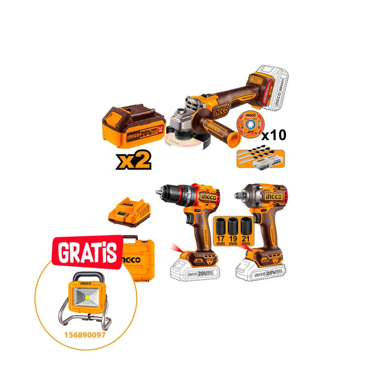 Juego de taladro percutor 1/2" 66 Nm, llave de impacto 1/2" 400 Nm y esmeril angular 4-1/2" 1000 W Ingco, kit con accesorios