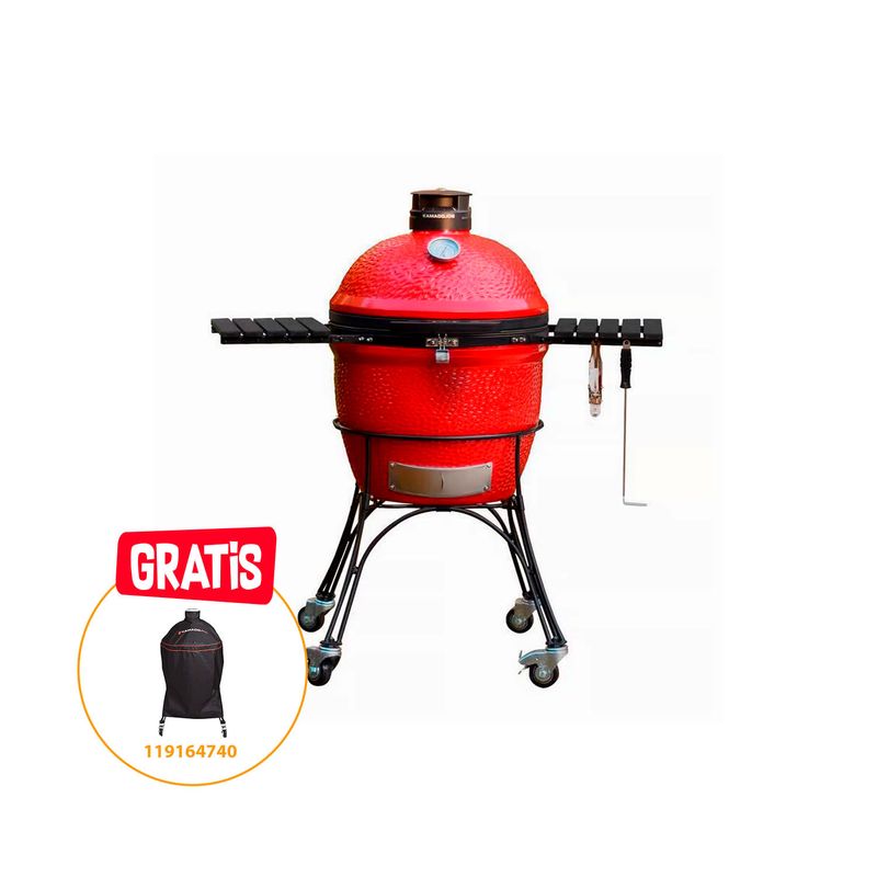 Barbacoa de carbón ahumador Kamado Joe Classic de 18 pulgadas, color rojo con soporte negro y funda protectora incluida