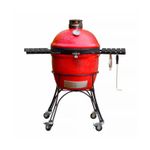 Barbacoa de carbón ahumador Kamado Joe Classic de 18 pulgadas, vista frontal completa con carrito negro y accesorios