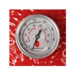 Barbacoa de carbón/ahumador Kamado Joe Classic de 18 pulgadas, primer plano del termómetro circular sobre superficie roja