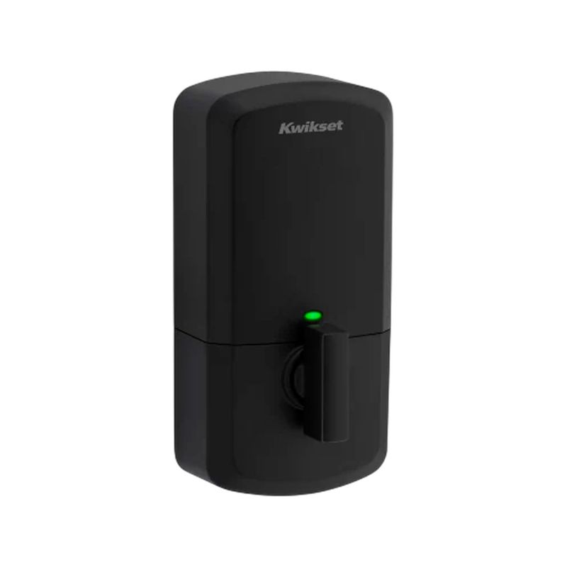 Cerradura digital Halo Select WiFi/Matter negro mate Kwikset, vista lateral del módulo electrónico con luz verde encendida