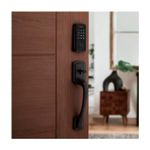 Cerradura digital Halo Select WiFi/Matter negro mate Kwikset, instalada en puerta de madera color café