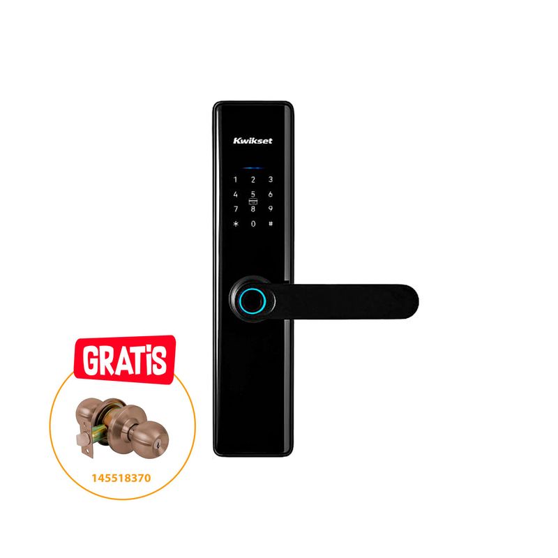Cerradura digital Orbis con manecilla negro Kwikset, vista frontal del teclado y manija con círculo azul y regalo adjunto