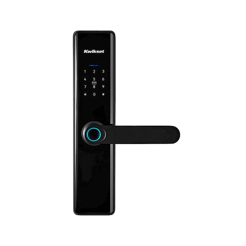 Cerradura digital Orbis con manecilla negro Kwikset, vista frontal con teclado numérico y aro luminoso azul en el mango