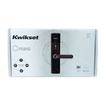 Cerradura digital Orbis con manecilla negro Kwikset, vista frontal del empaque con ilustración del producto
