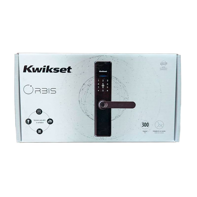 Cerradura digital Orbis con manecilla negro Kwikset, vista frontal del empaque con ilustración del producto