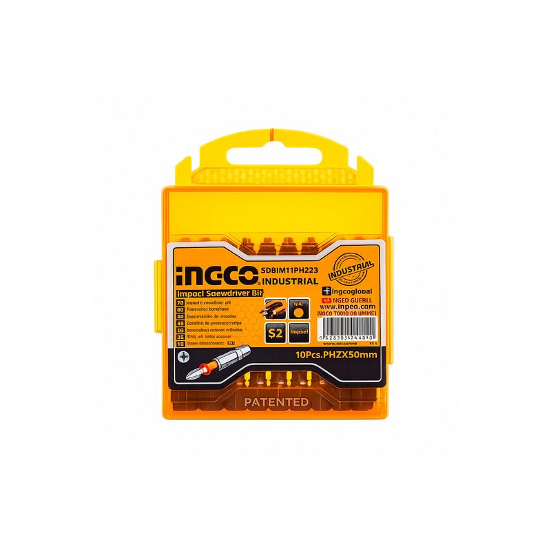Set puntas de impacto magnéticas de 10 piezas Ingco, estuche plástico amarillo con puntas organizadas y etiqueta frontal