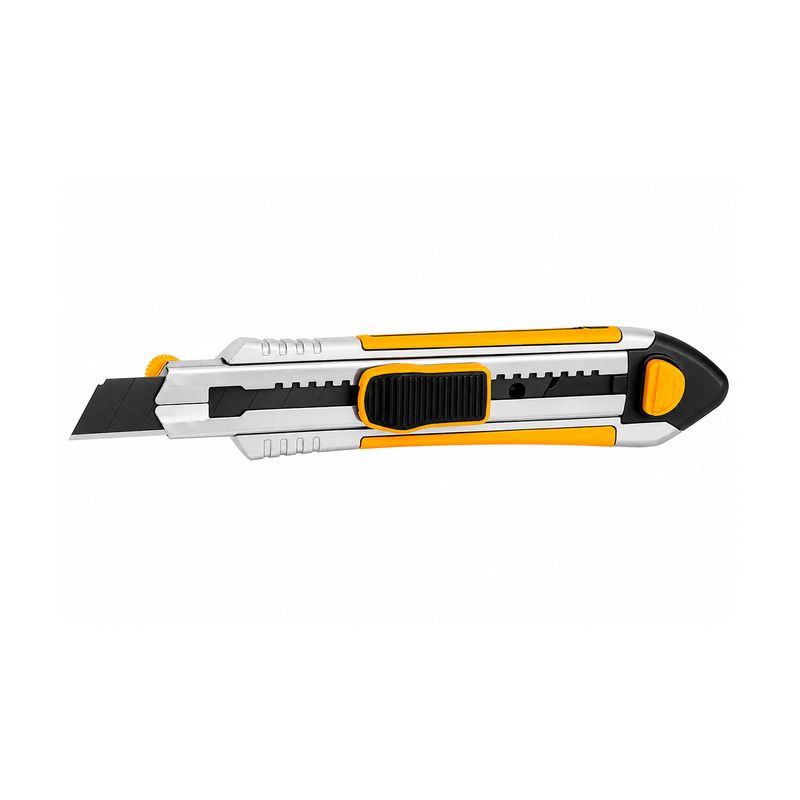 Cuchilla utility snap off Ingco de 6 piezas de repuesto 18 mm x 100 mm, vista lateral del cúter amarillo y negro