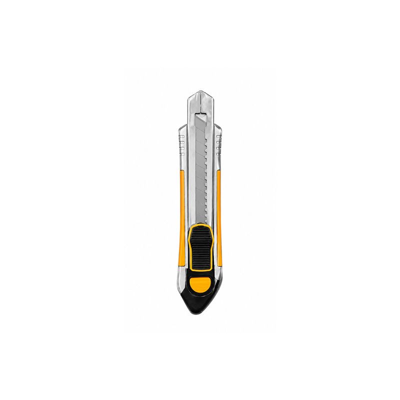 Cuchilla utility snap off de 6 piezas de repuesto, 18 mm x 100 mm Ingco, vista superior del cúter con cuerpo amarillo y negro
