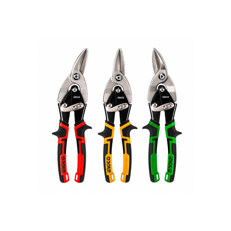 Set tijeras para aviación de 3 piezas y 10 pulgadas Ingco, tres tijeras con mangos rojos, amarillos y verdes