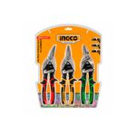 Set tijeras para aviación 3 piezas 10 pulgadas Ingco, en empaque blíster con las tres tijeras de mangos rojo, amarillo y