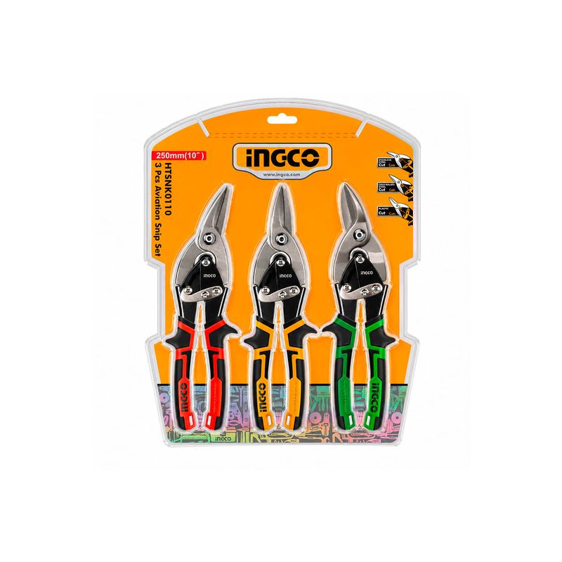 Set tijeras para aviación 3 piezas 10 pulgadas Ingco, en empaque blíster con las tres tijeras de mangos rojo, amarillo y