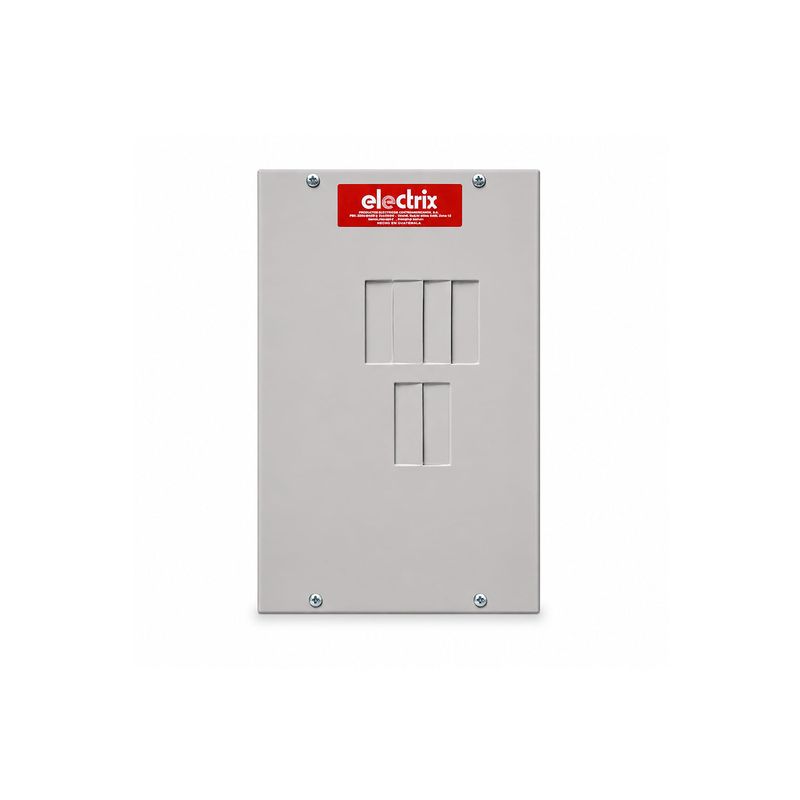Centro de carga 6 espacios superficial 125 A Electrix, vista frontal del panel blanco con etiqueta roja superior