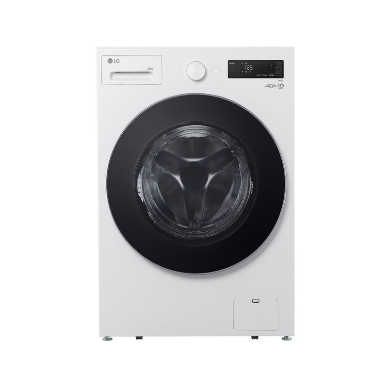 Lavadora Smart Inverter carga frontal 20 kg color blanca LG, vista frontal completa sobre fondo blanco