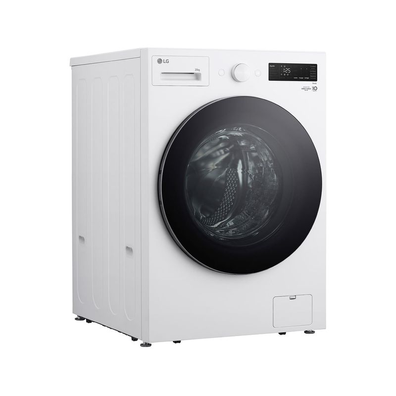 Lavadora Smart Inverter carga frontal 20 kg blanca LG, vista en ángulo tres cuartos resaltando el lateral izquierdo