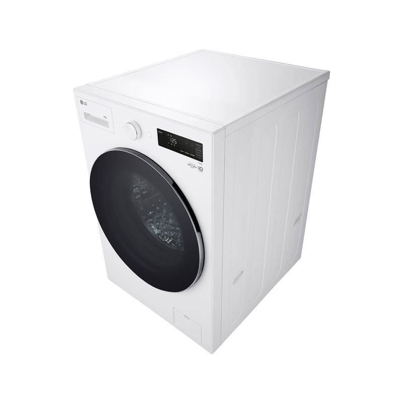 Lavadora Smart Inverter carga frontal 20 kg blanca LG, vista en perspectiva desde el lateral derecho