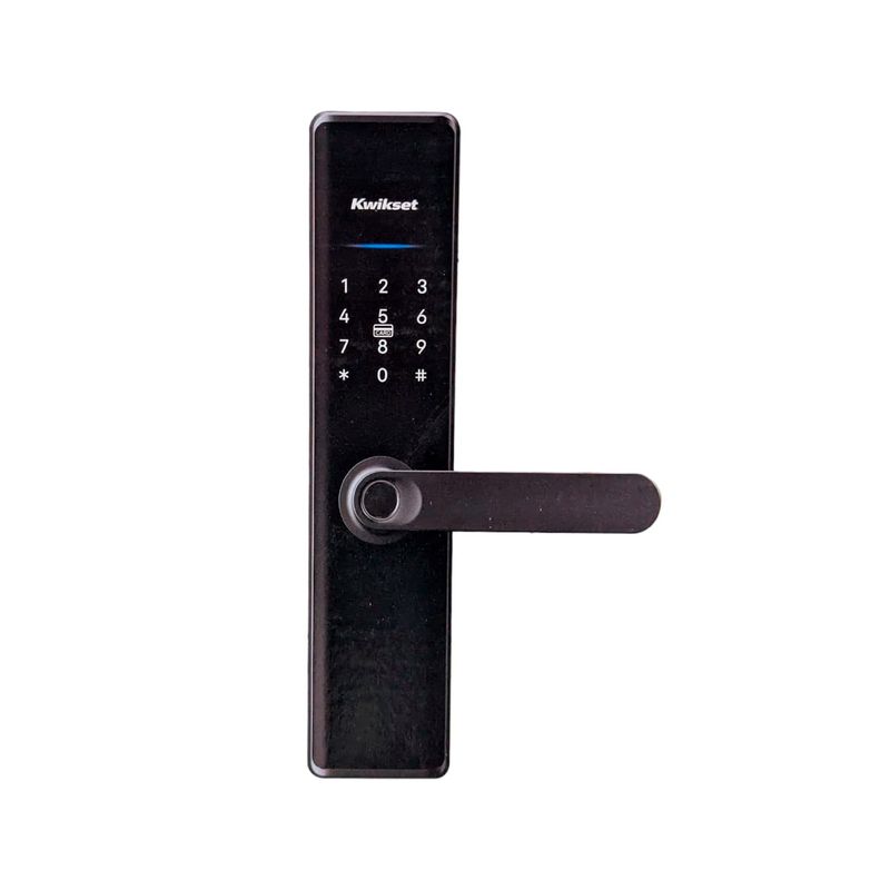 Cerradura digital Orbis con manecilla 60 x 85 mm negro Kwikset, vista frontal del teclado numérico y manija